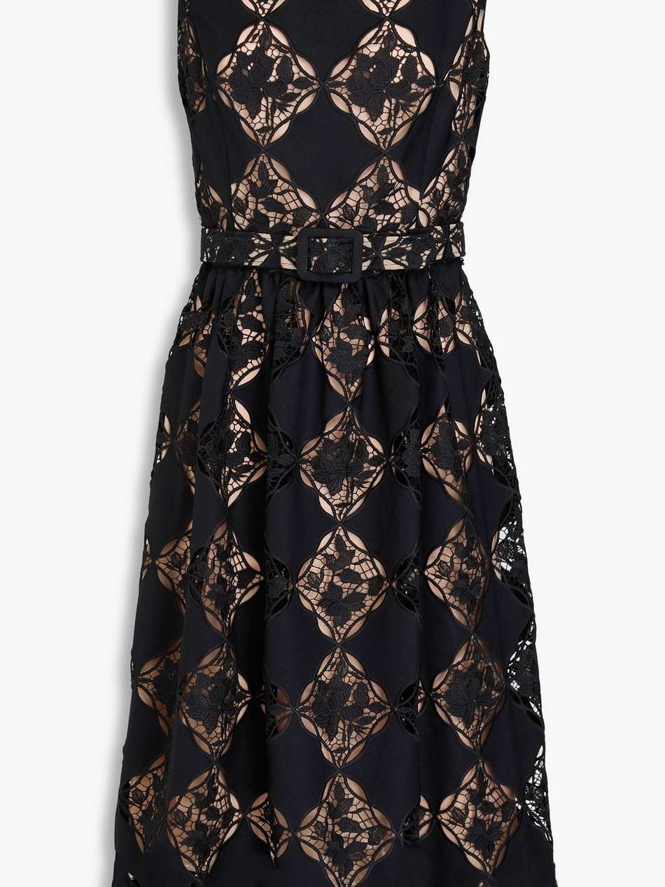 belted guipure lace midi dress