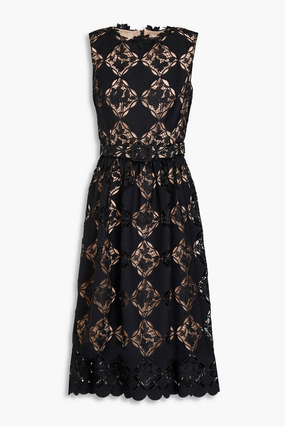 Oscar De La Renta Belted Guipure Lace Midi Dress In Schwarz