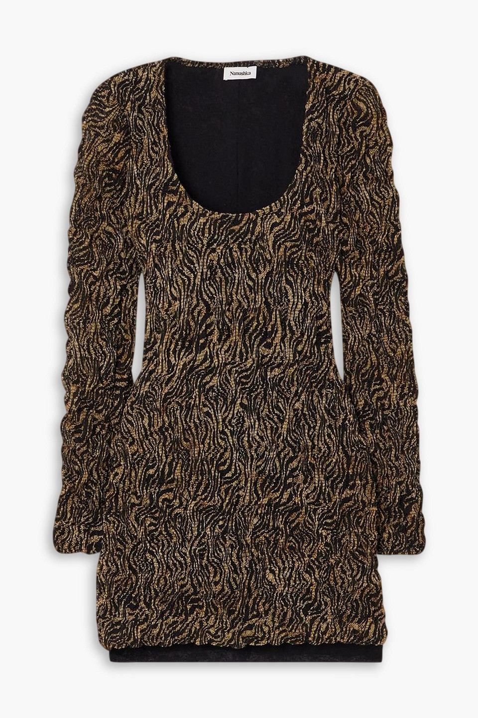 Nanushka Frensi Smocked Zebra-print Chiffon Mini Dress In Black