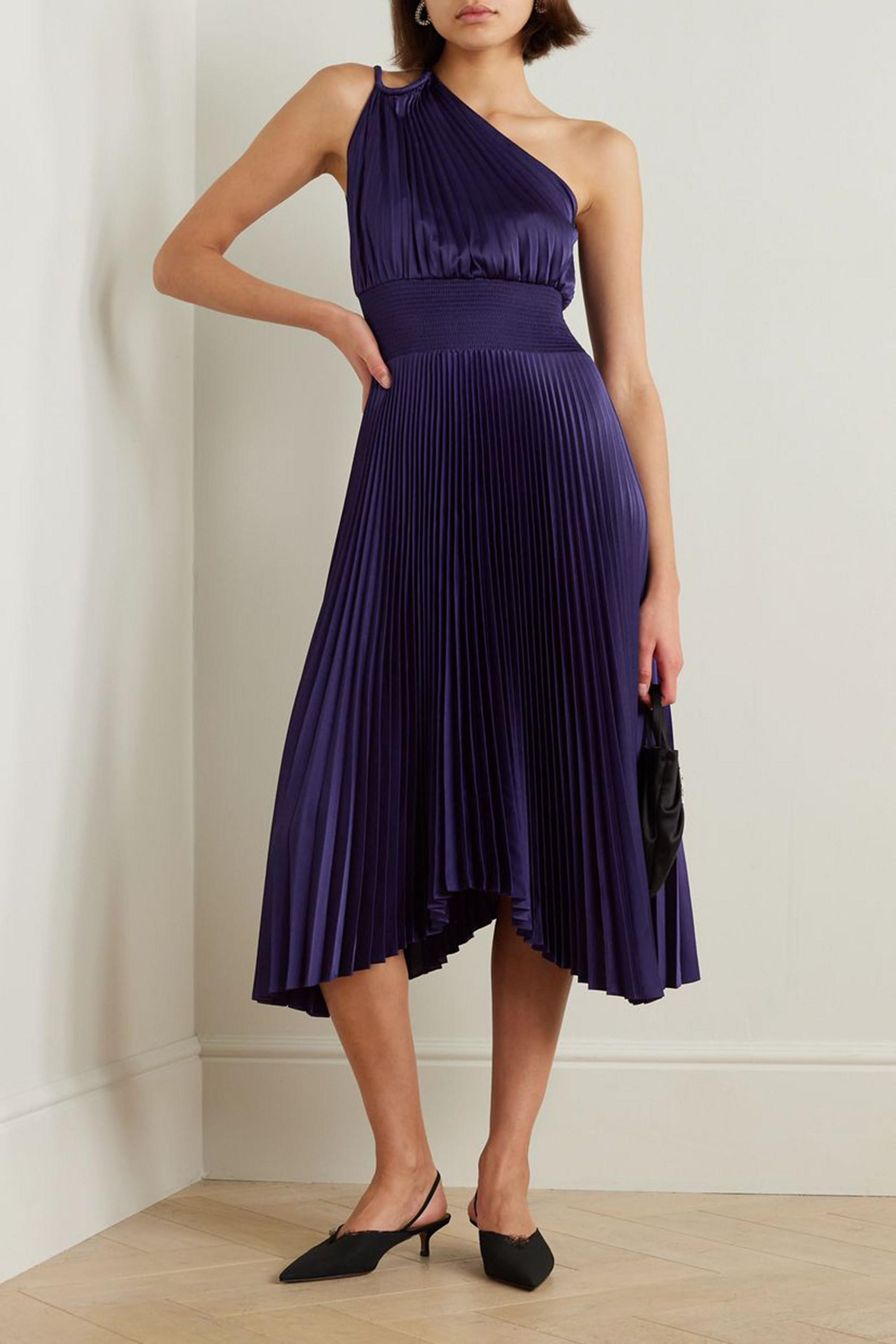 A.L.C. Ruby asymmetric pleated satin midi dress