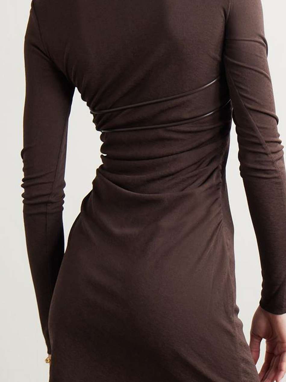 feiko ruched faux leather-trimmed jersey mini dress