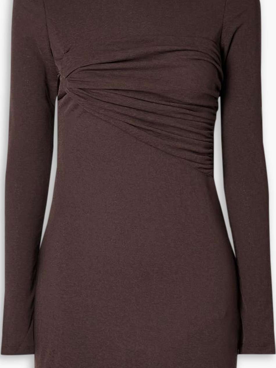 feiko ruched faux leather-trimmed jersey mini dress