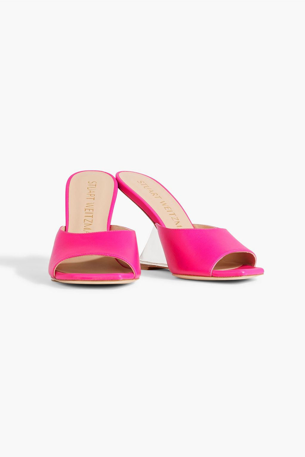 STUART WEITZMAN Rebel Lucite leather wedge mules