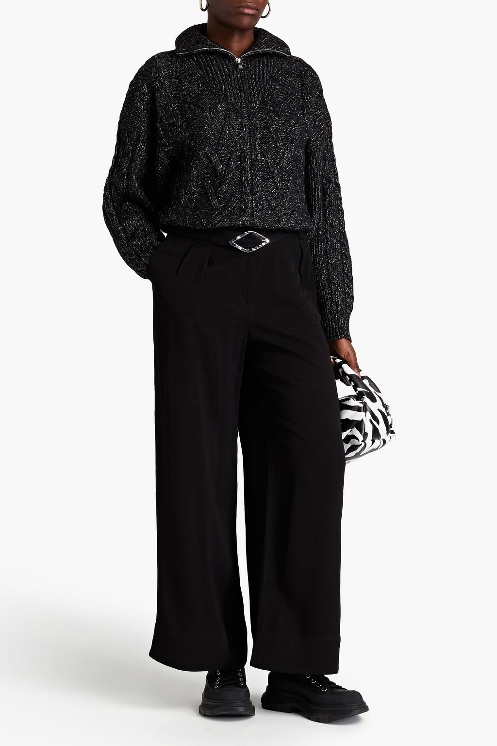 GANNI Cable-knit cotton-blend half-zip sweater