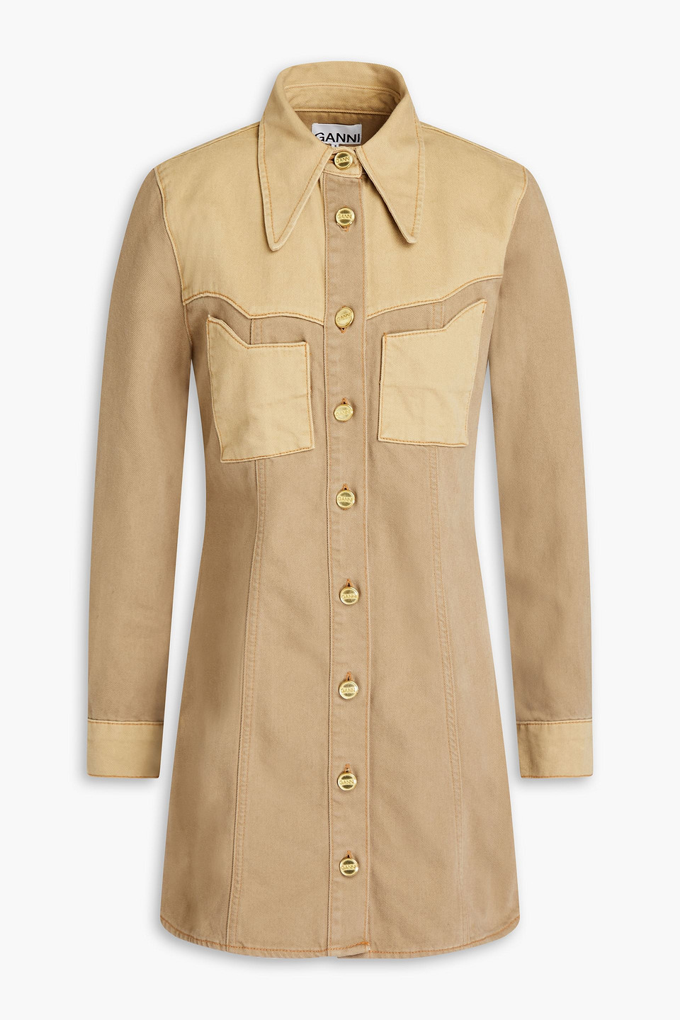 GANNI - Two-tone denim mini shirt dress - Neutral