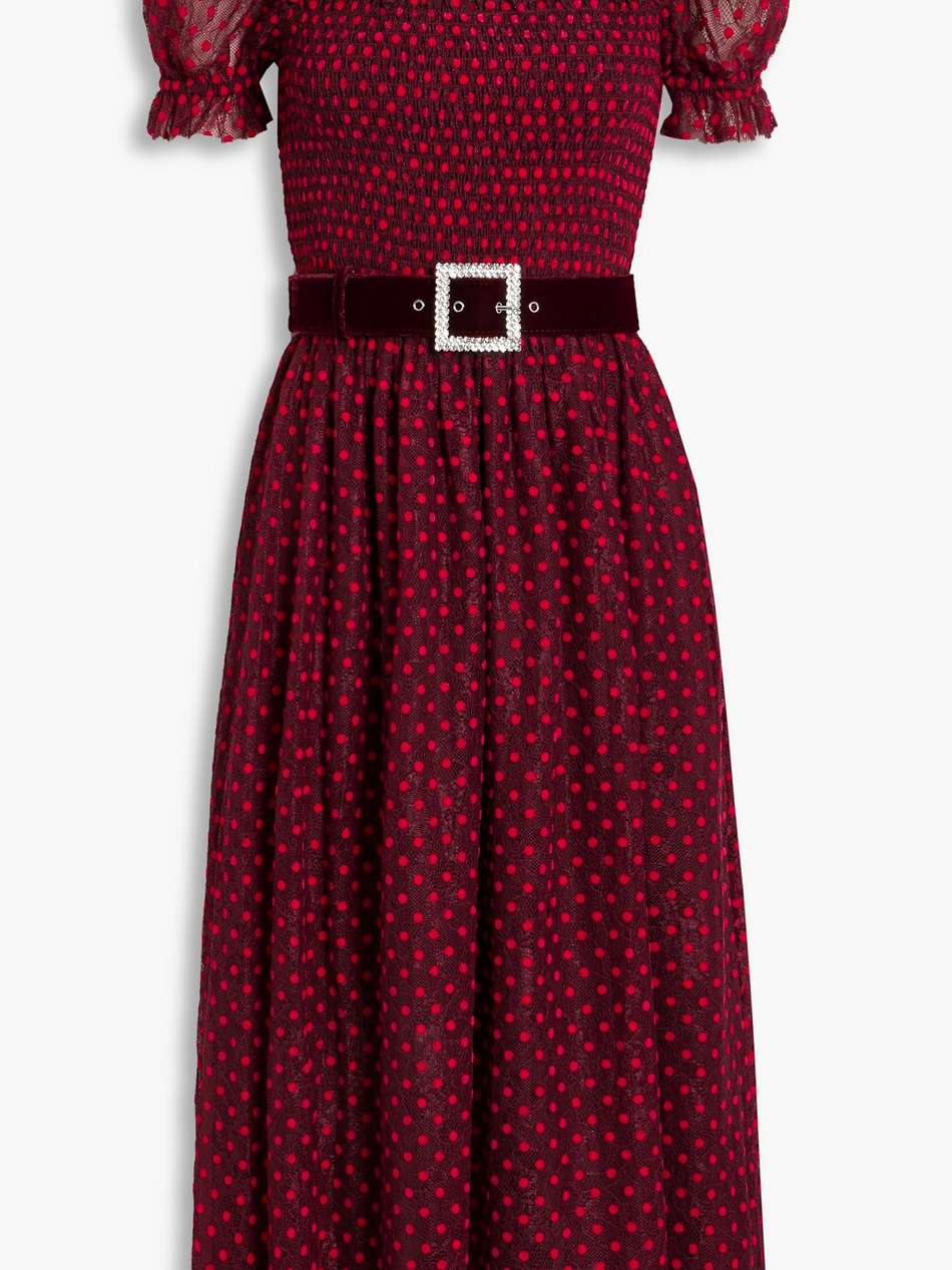 midnight kiss belted flocked lace midi dress