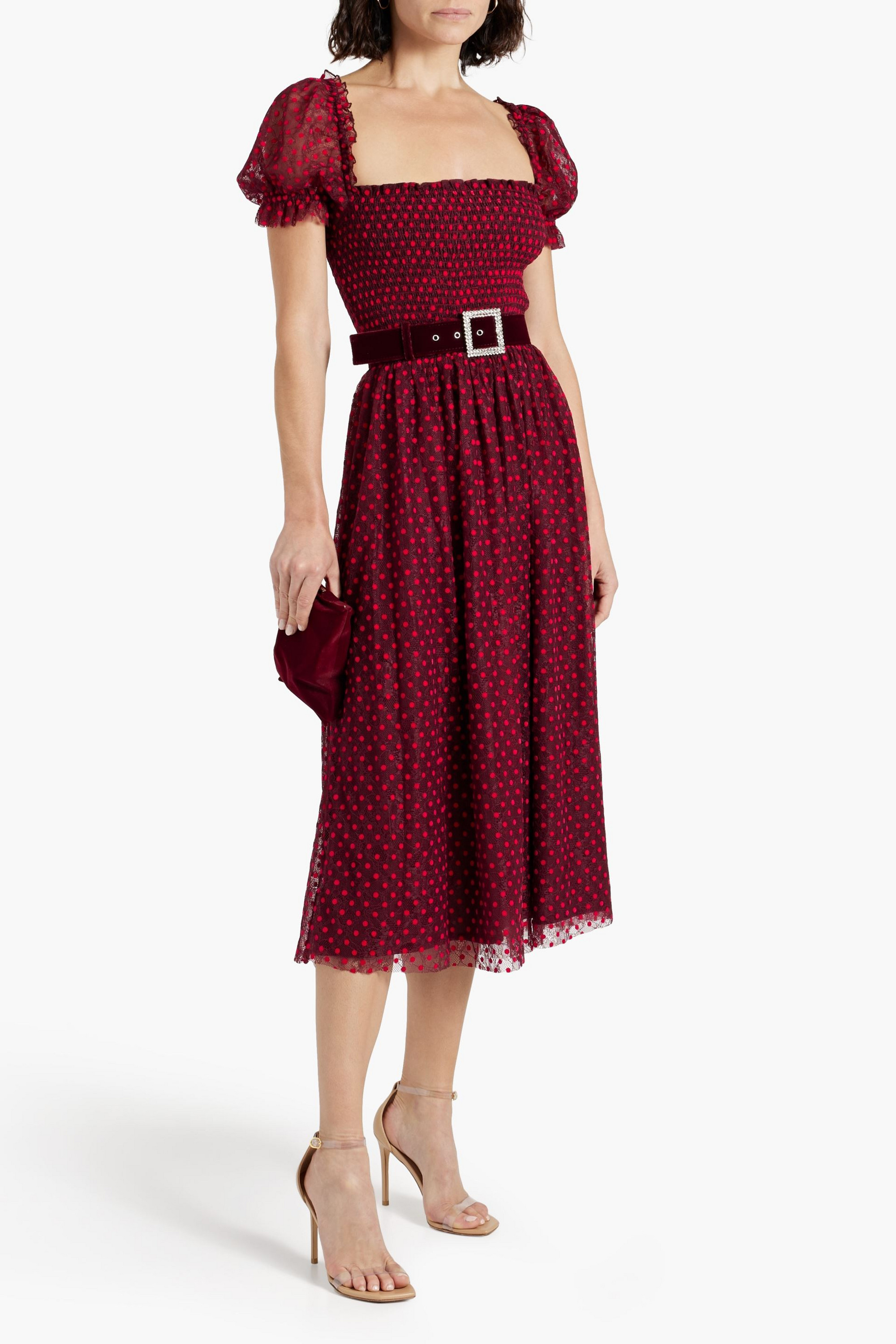 Rebecca Vallance Midnight Kiss belted flocked lace midi dress