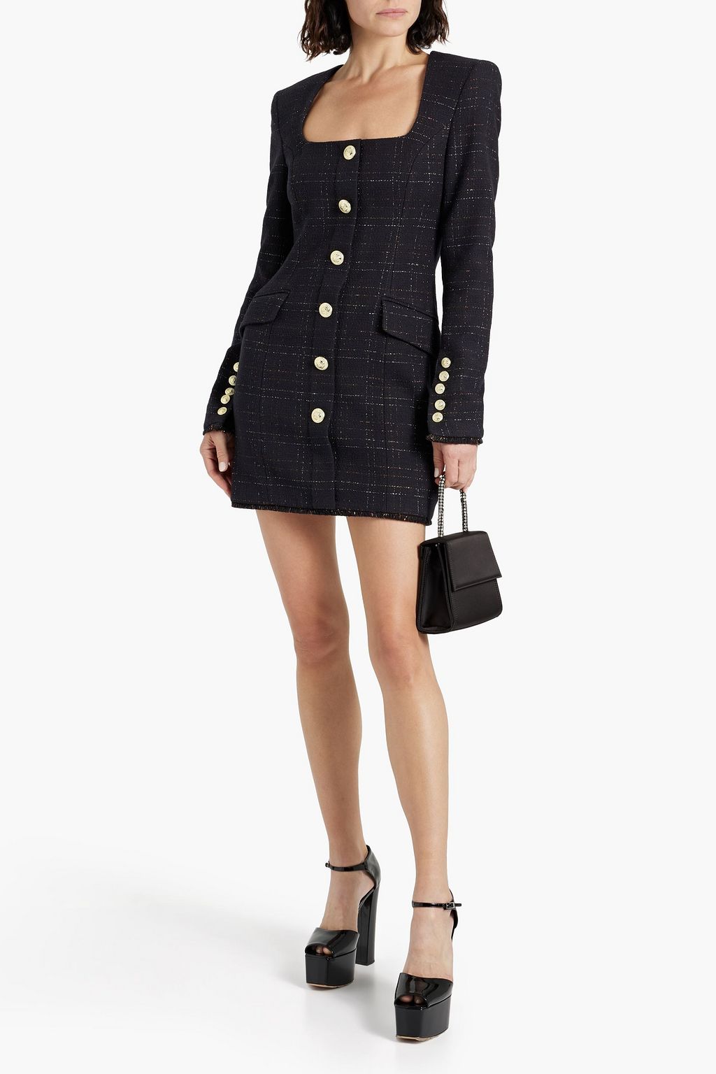 REBECCA VALLANCE Metallic cotton-blend tweed mini dress