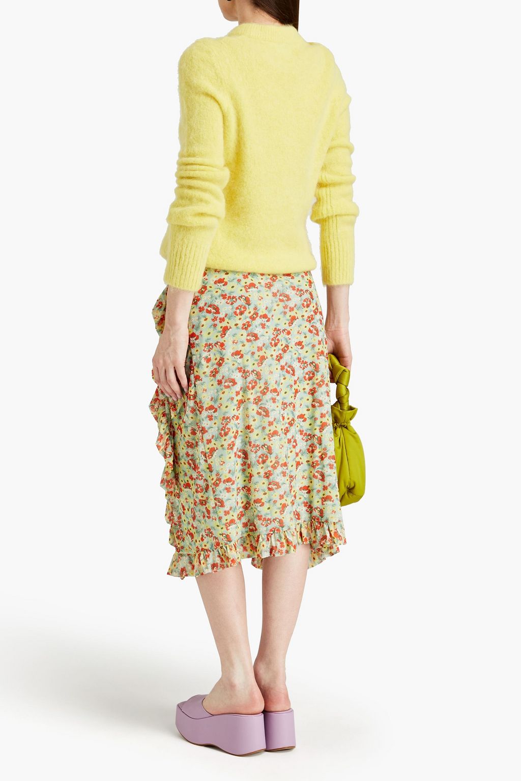 GANNI Ruffled floral-print stretch-mesh midi wrap skirt