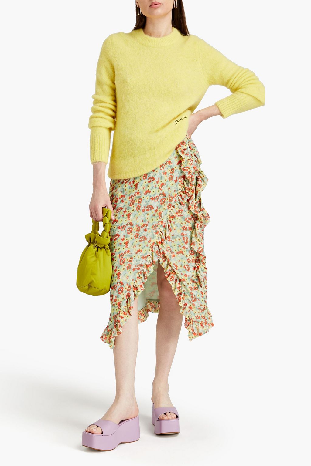 GANNI Ruffled floral-print stretch-mesh midi wrap skirt