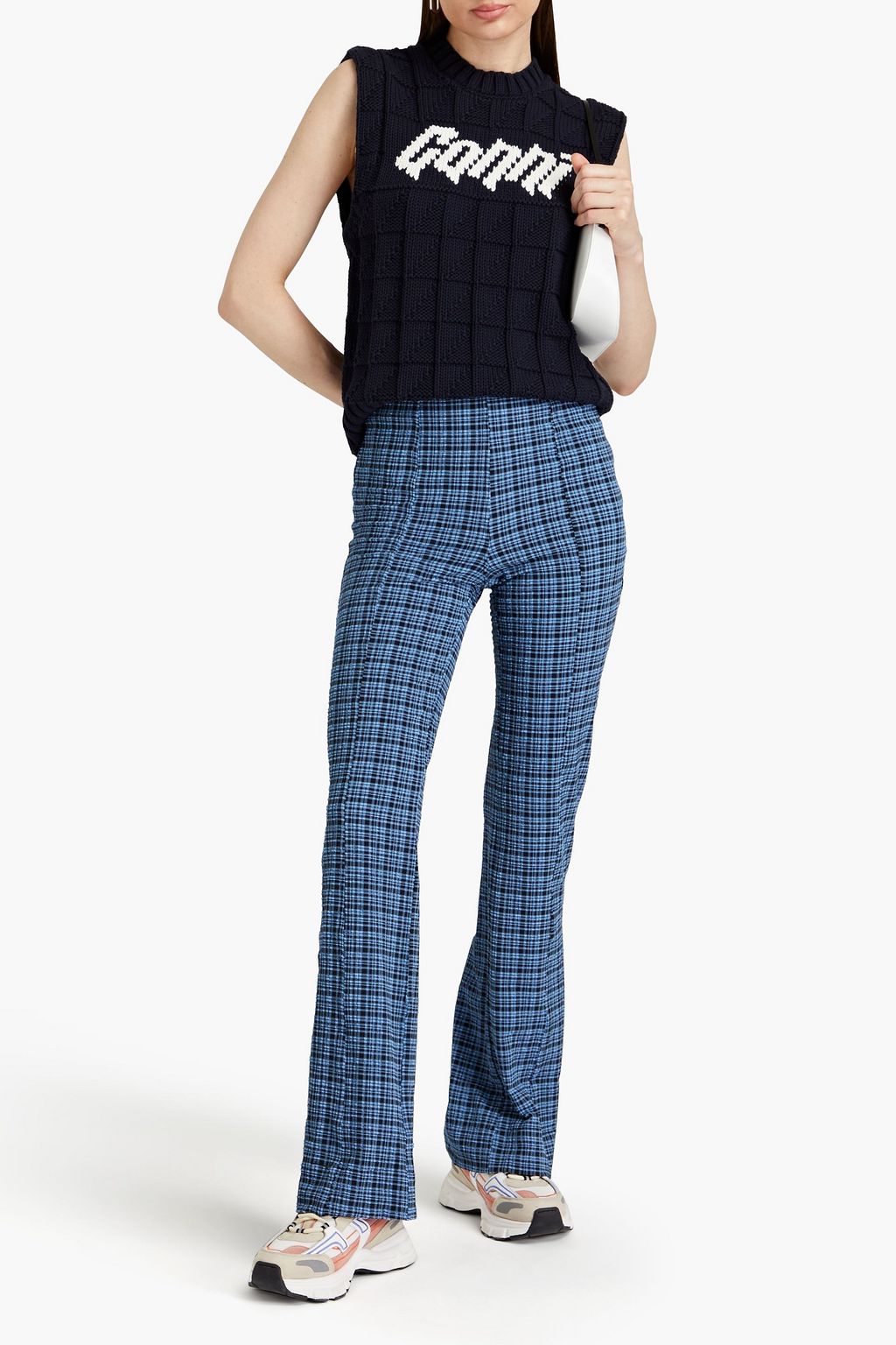 GANNI Checked seersucker flared pants