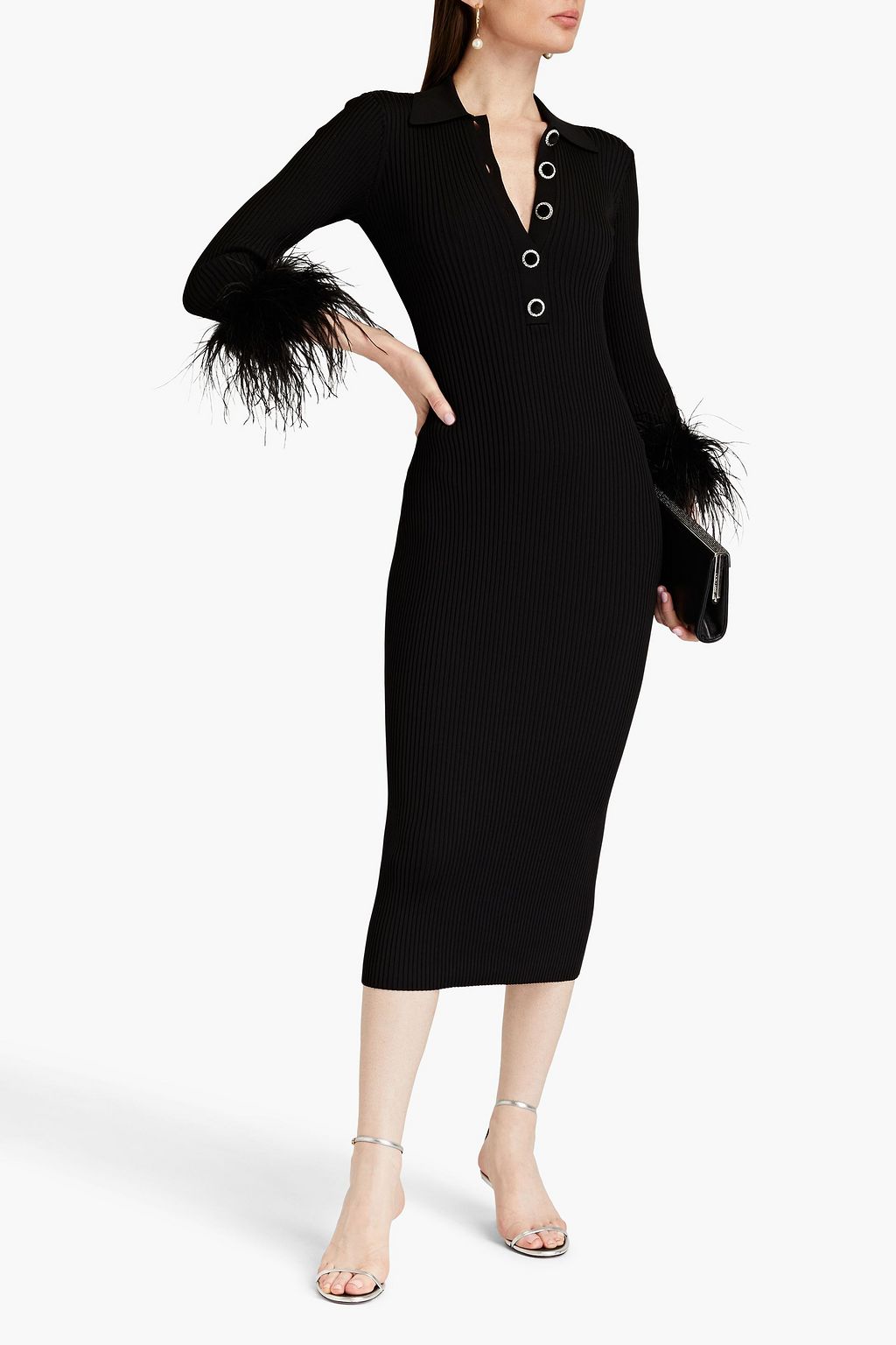 REBECCA VALLANCE Soraya feather-trimmed ribbed-knit midi dress