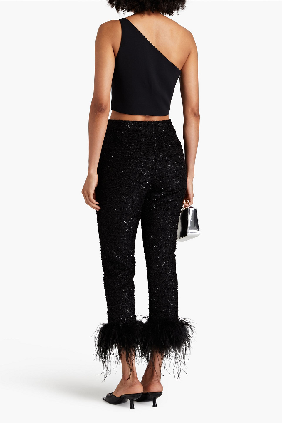 Shop Rebecca Vallance Jourdan Cropped Feather-trimmed Metallic Tweed Tapered Pants In Black