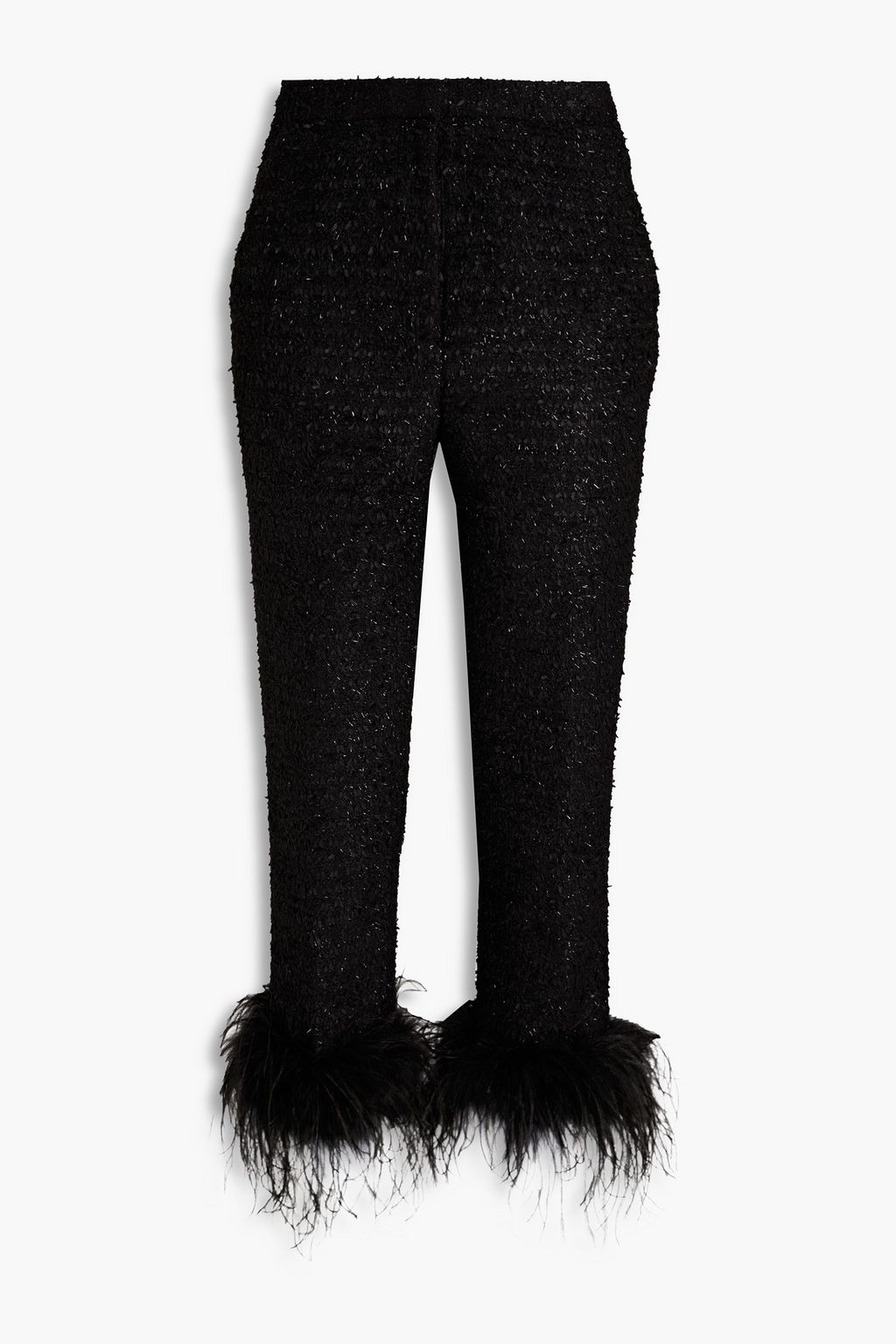 Jourdan cropped feather-trimmed metallic tweed tapered pants