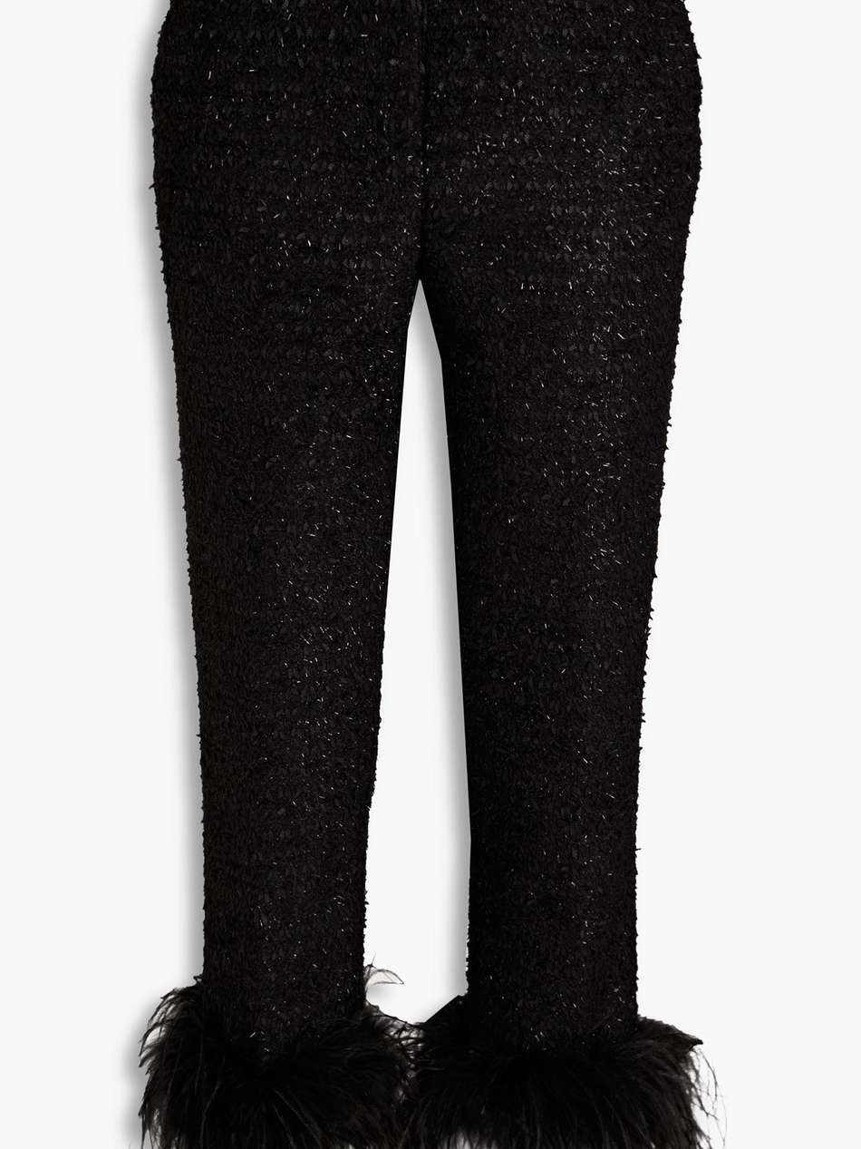 jourdan cropped feather-trimmed metallic tweed tapered pants