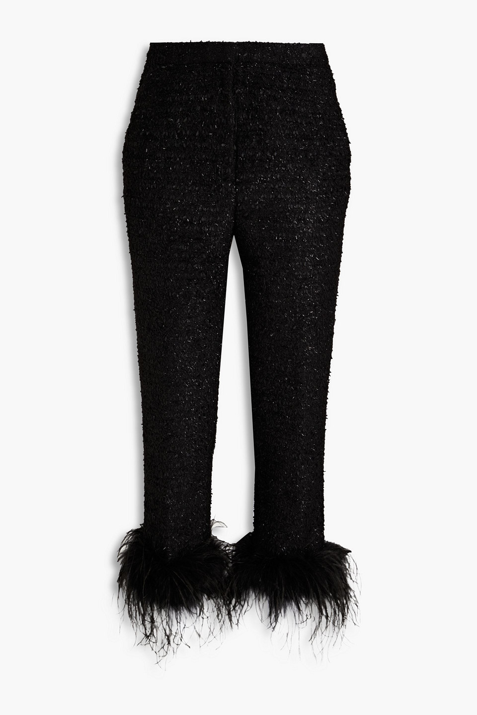 Shop Rebecca Vallance Jourdan Cropped Feather-trimmed Metallic Tweed Tapered Pants In Black