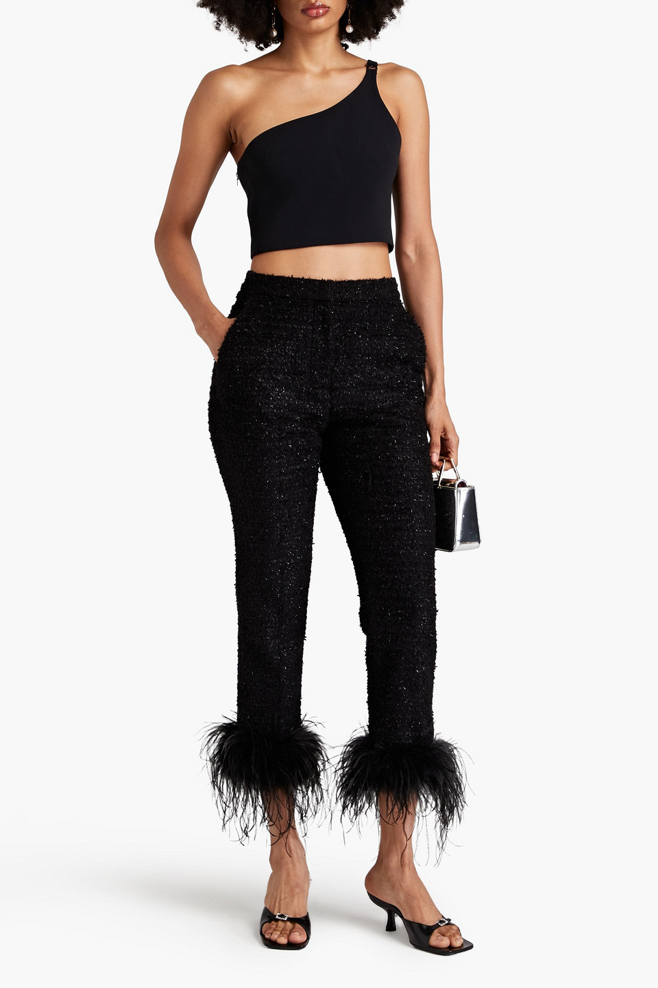 Shop Rebecca Vallance Jourdan Cropped Feather-trimmed Metallic Tweed Tapered Pants In Black