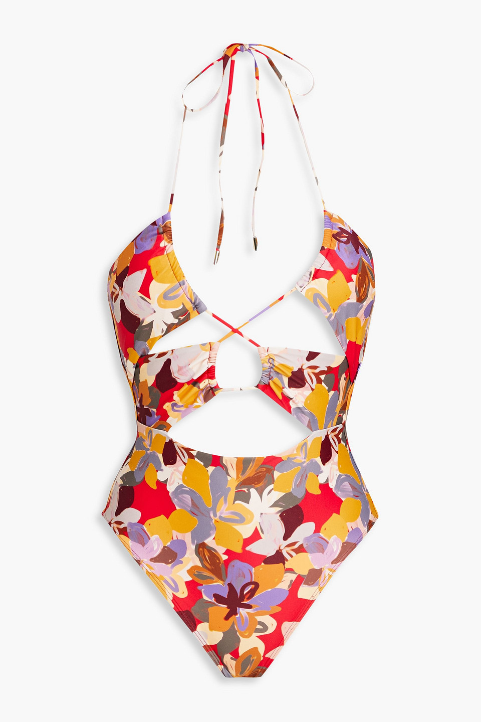 Shop Rebecca Vallance Santiago Cutout Floral-print Halterneck Swimsuit In Red