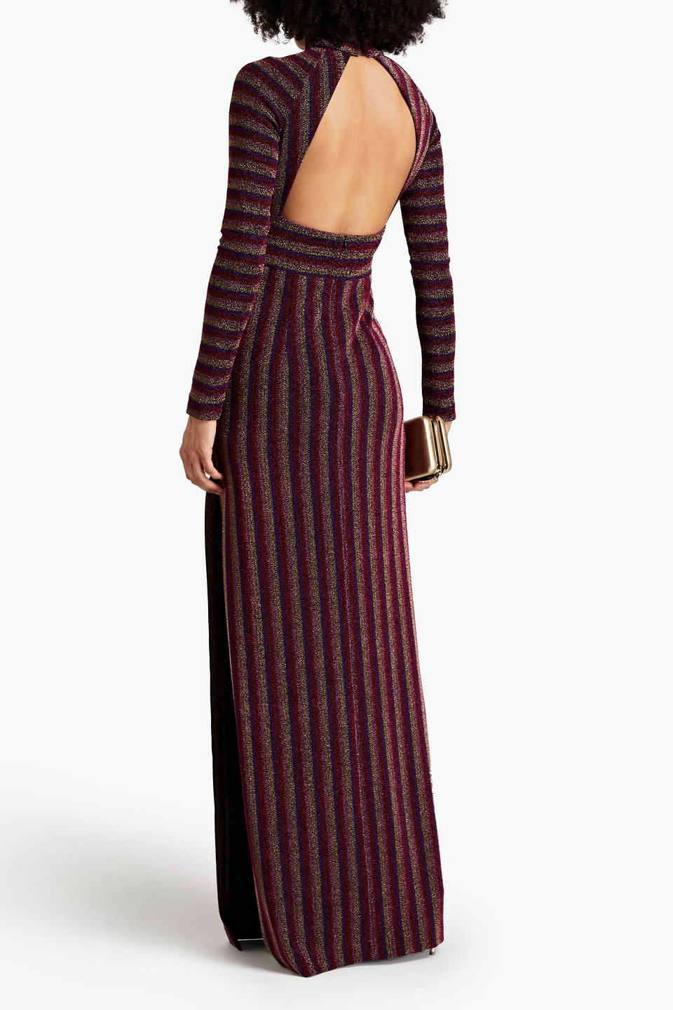 Shop Rebecca Vallance Aisha Cutout Metallic Striped Jersey Gown In Violet