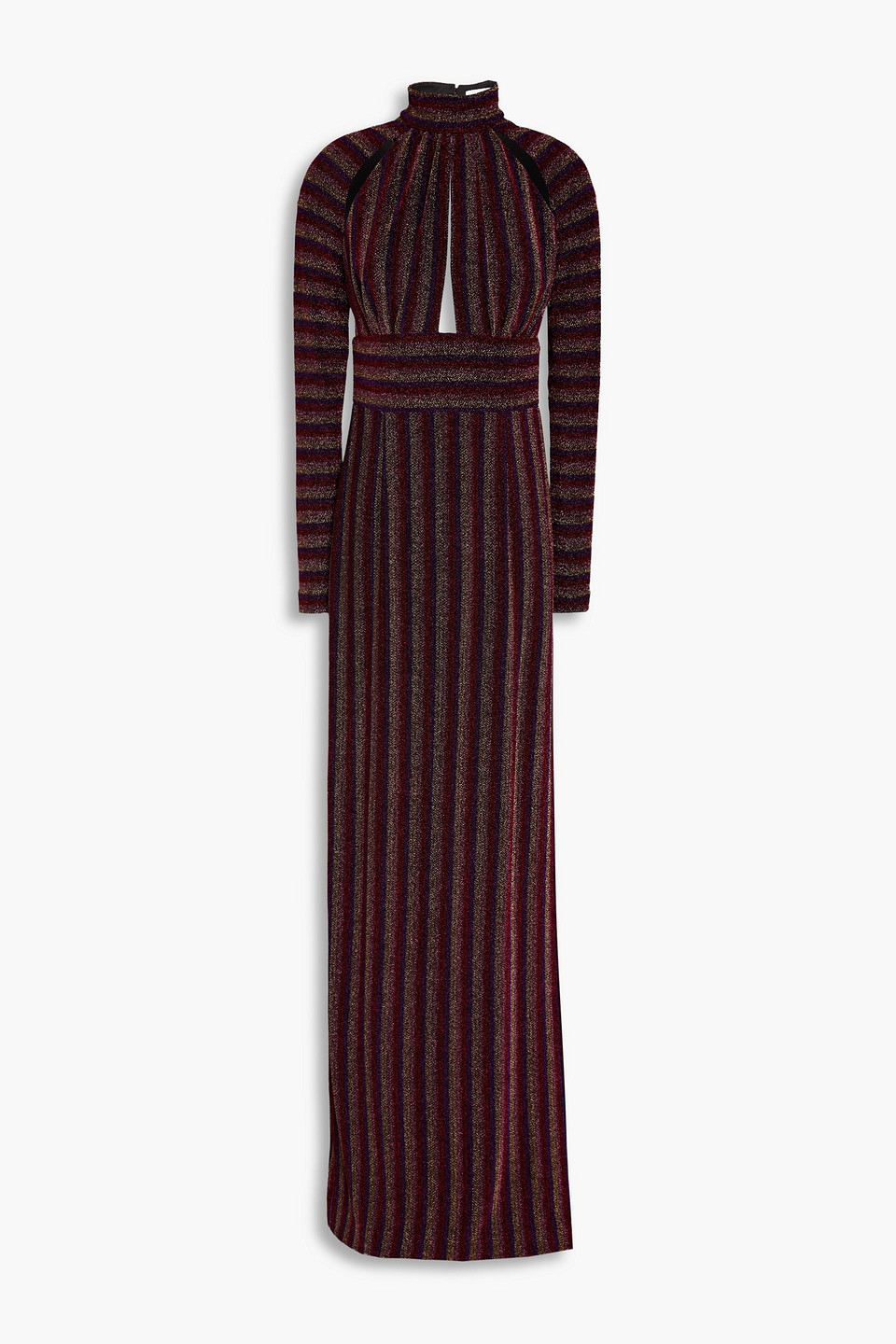 REBECCA VALLANCE AISHA CUTOUT METALLIC STRIPED JERSEY GOWN