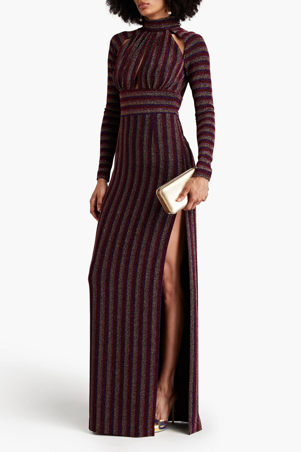 Shop Rebecca Vallance Aisha Cutout Metallic Striped Jersey Gown In Violet