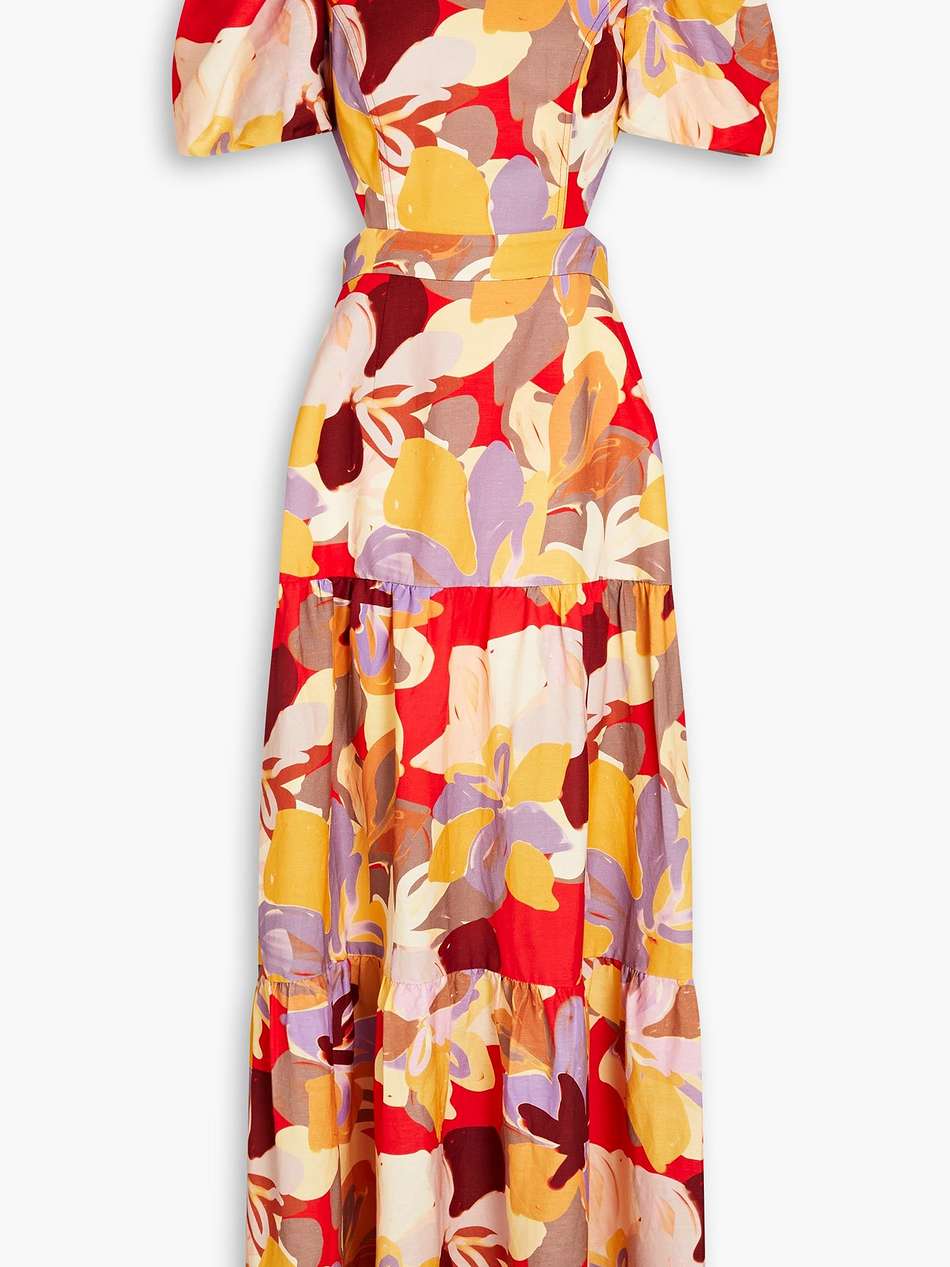 gathered floral-print linen-blend maxi dress