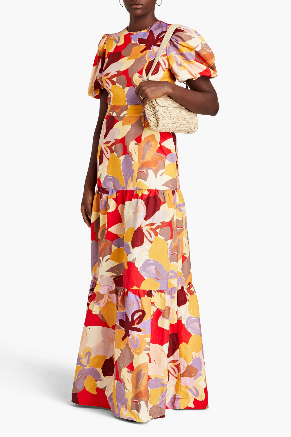 Shop Rebecca Vallance Gathered Floral-print Linen-blend Maxi Dress In Red