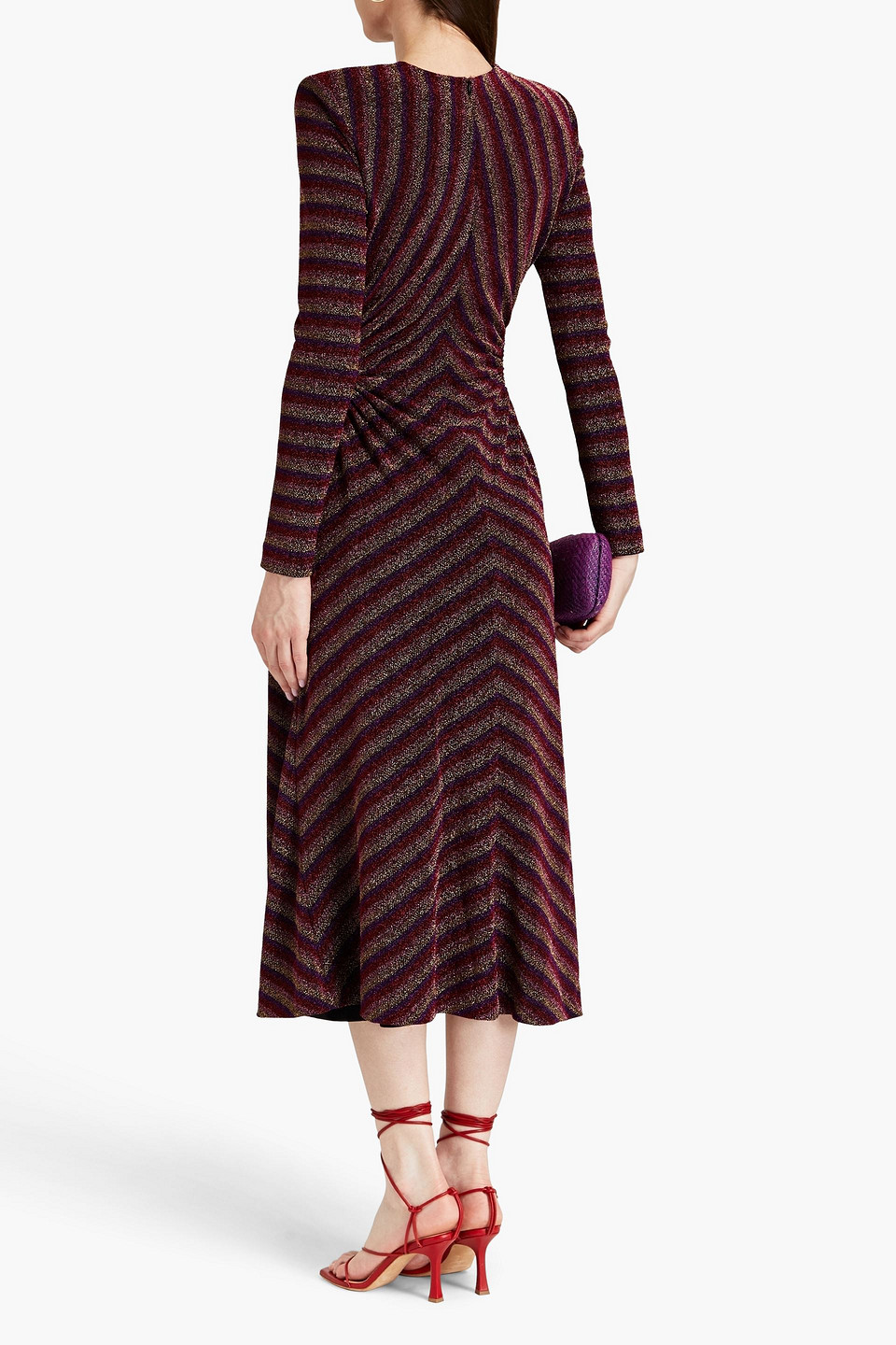 REBECCA VALLANCE AISHA CUTOUT METALLIC STRIPED JERSEY MIDI DRESS