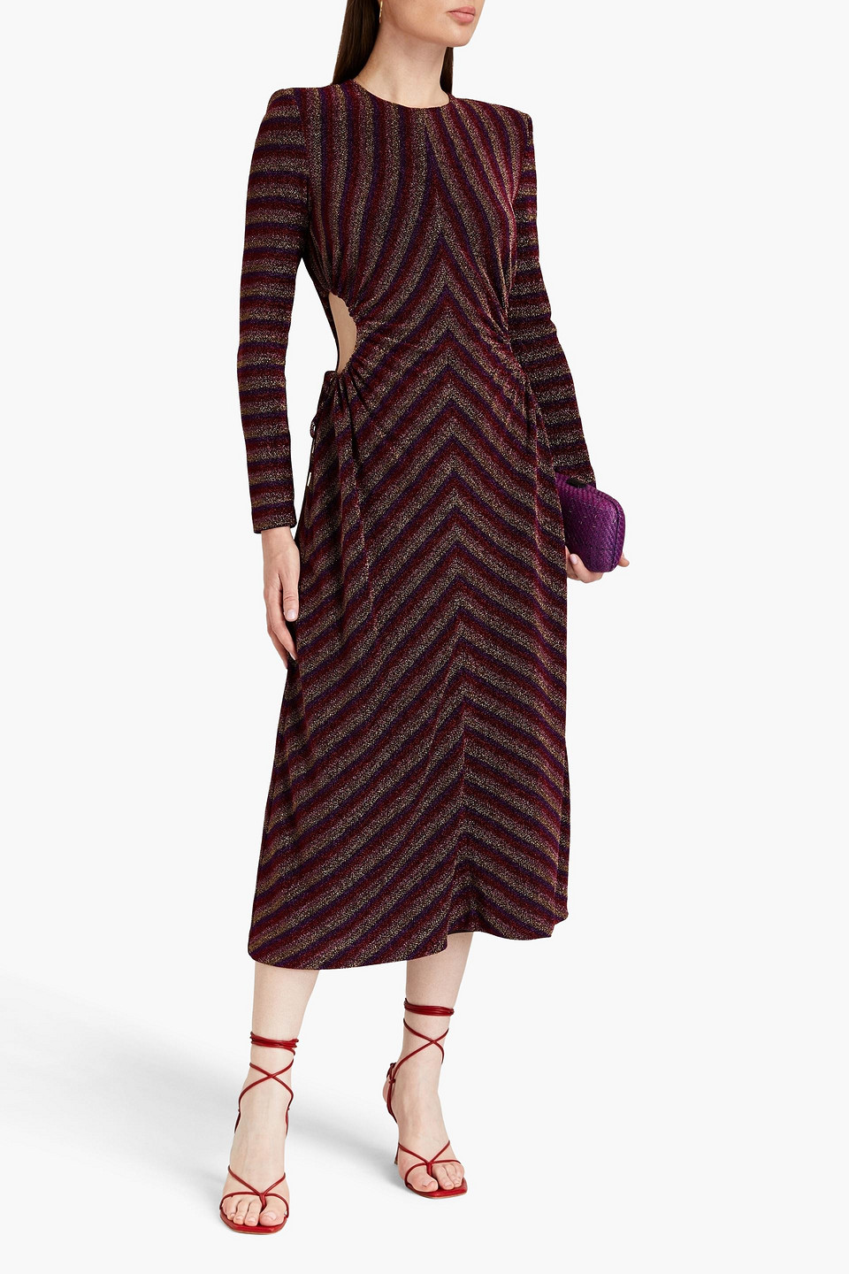 REBECCA VALLANCE AISHA CUTOUT METALLIC STRIPED JERSEY MIDI DRESS