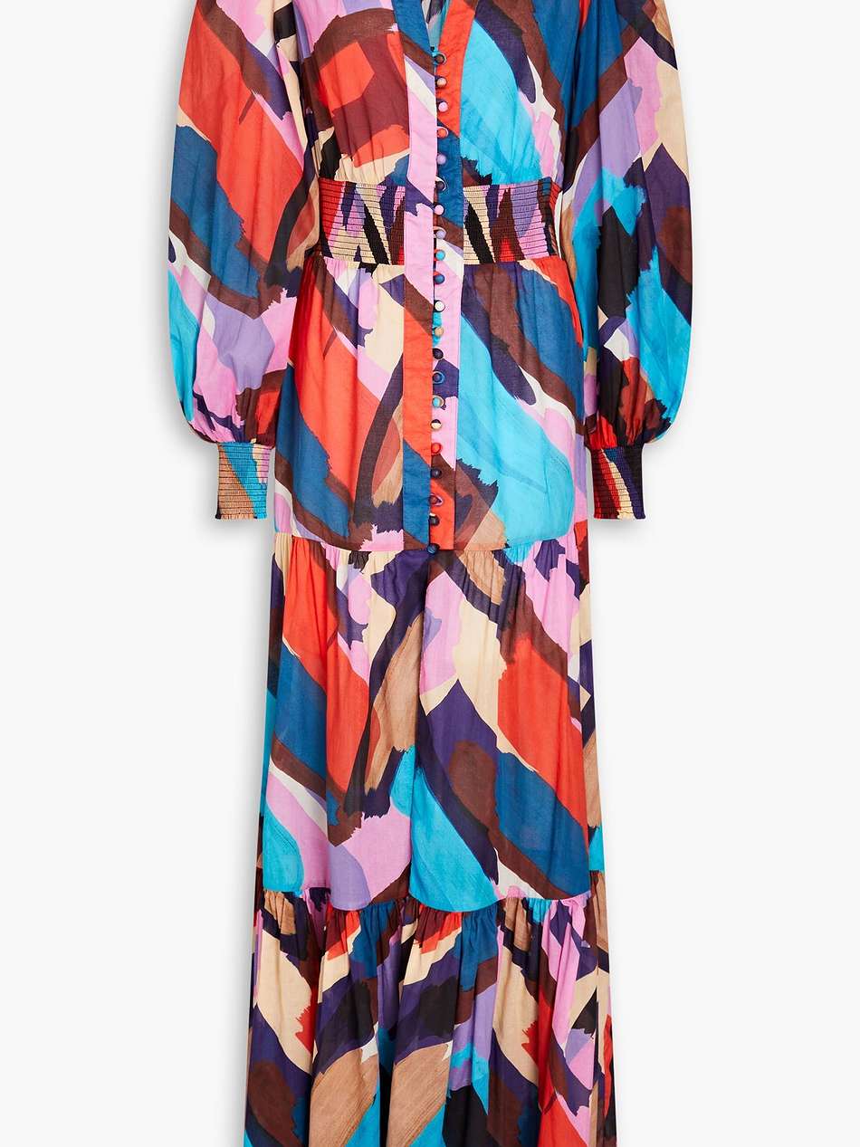 malaga shirred printed cotton-poplin maxi dress