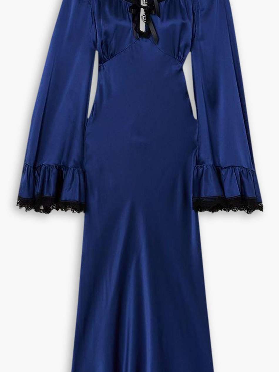 bow-detailed ruffled lace-trimmed silk-charmeuse midi dress