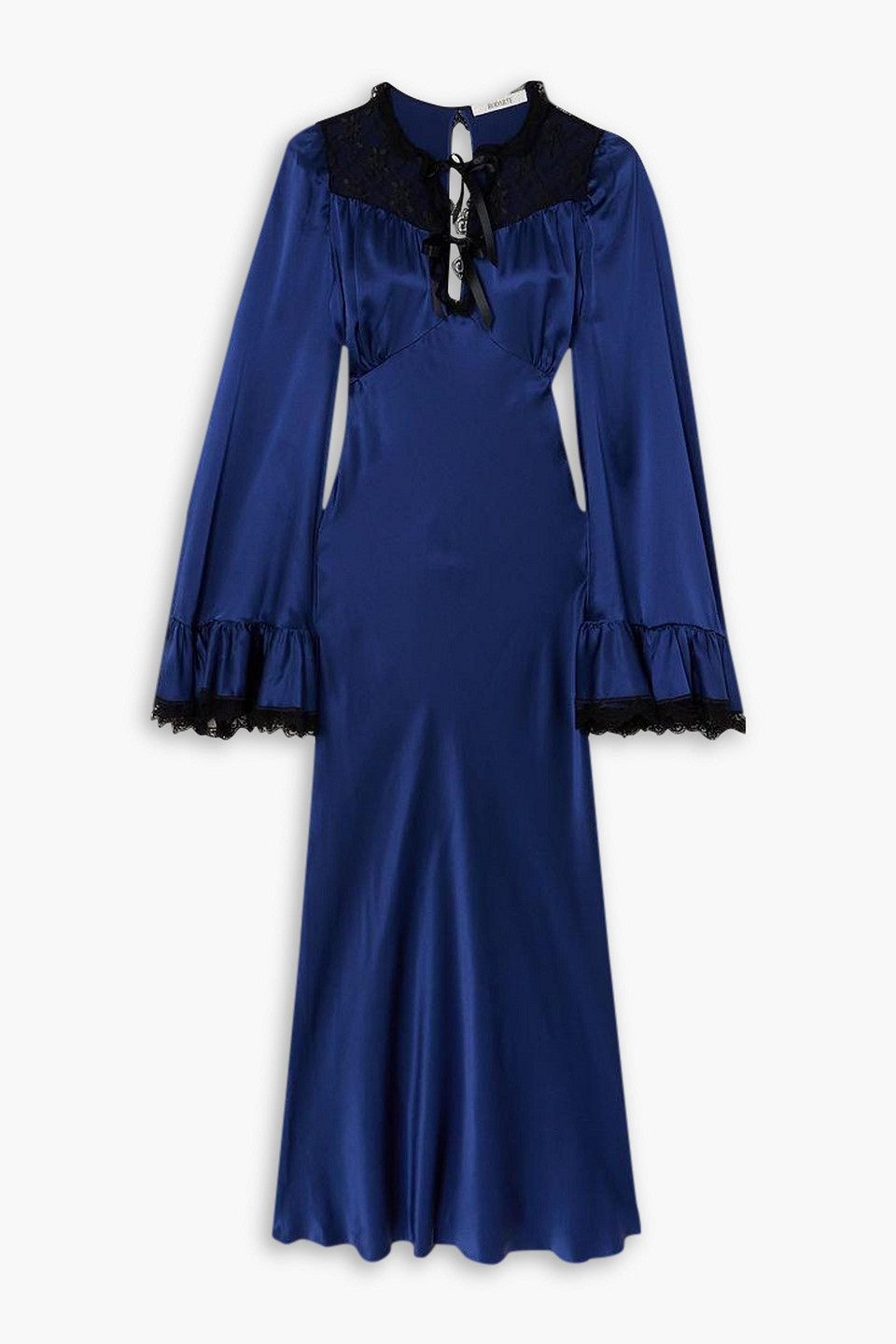 Rodarte Bow-detailed Ruffled Lace-trimmed Silk-charmeuse Midi Dress In Navy