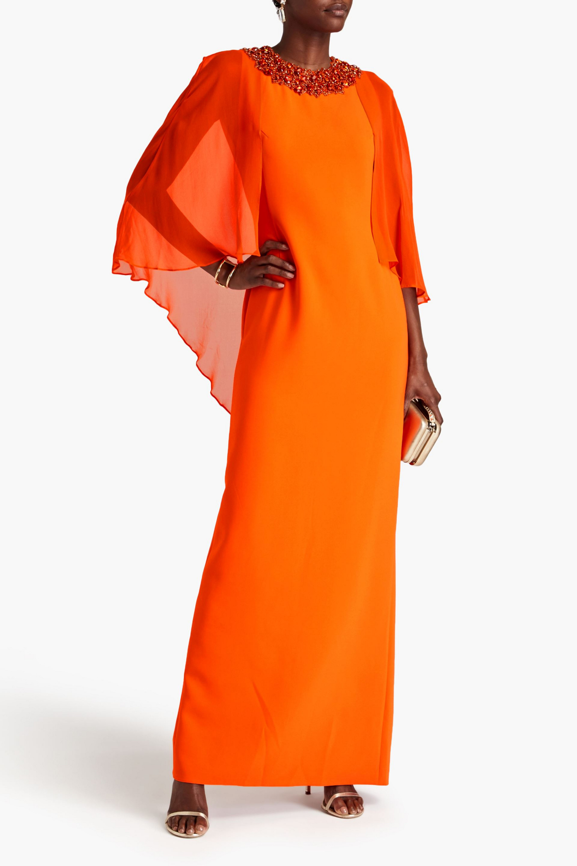 Jenny Packham Cape-effect chiffon and crepe gown