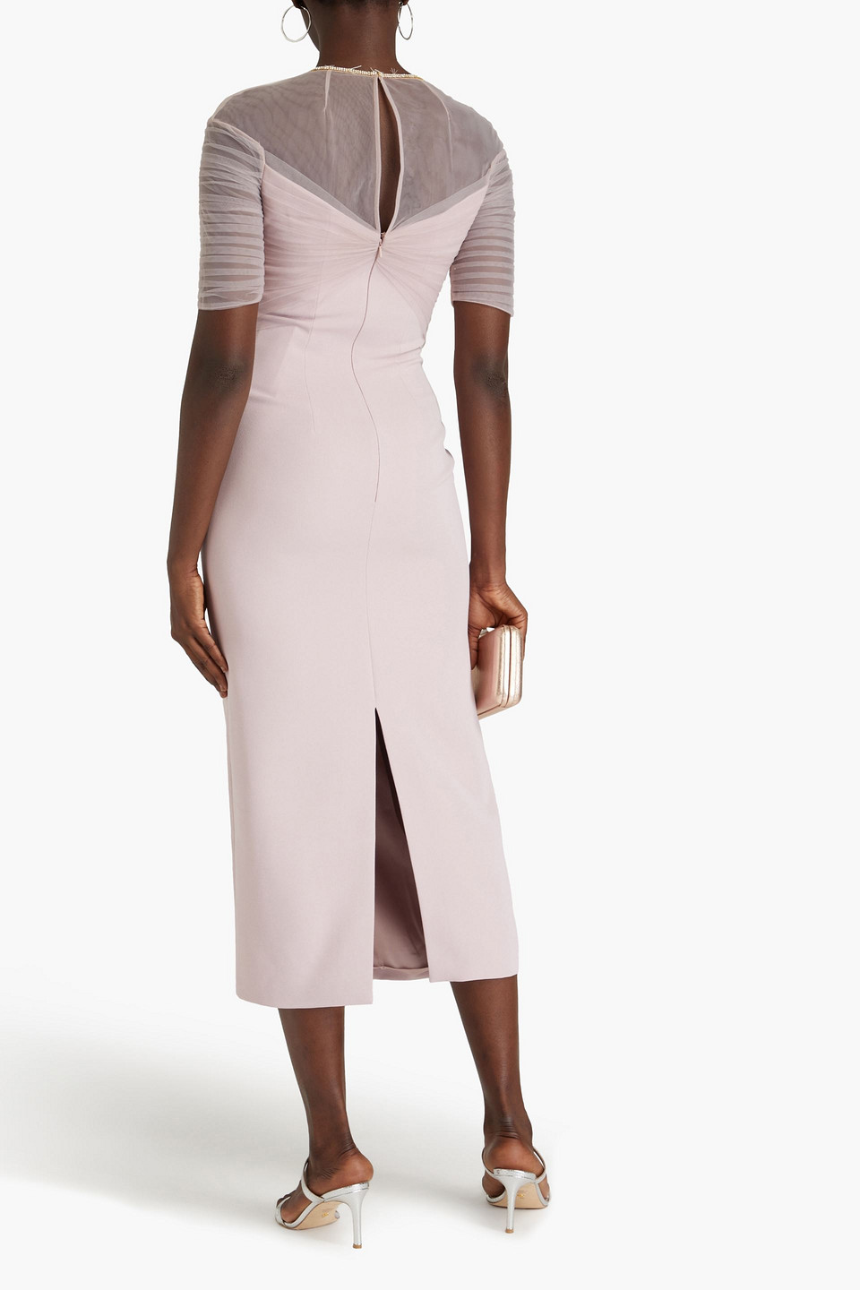 Shop Jenny Packham Crystal-embellished Tulle-paneled Crepe Midi Dress In Pastel Pink