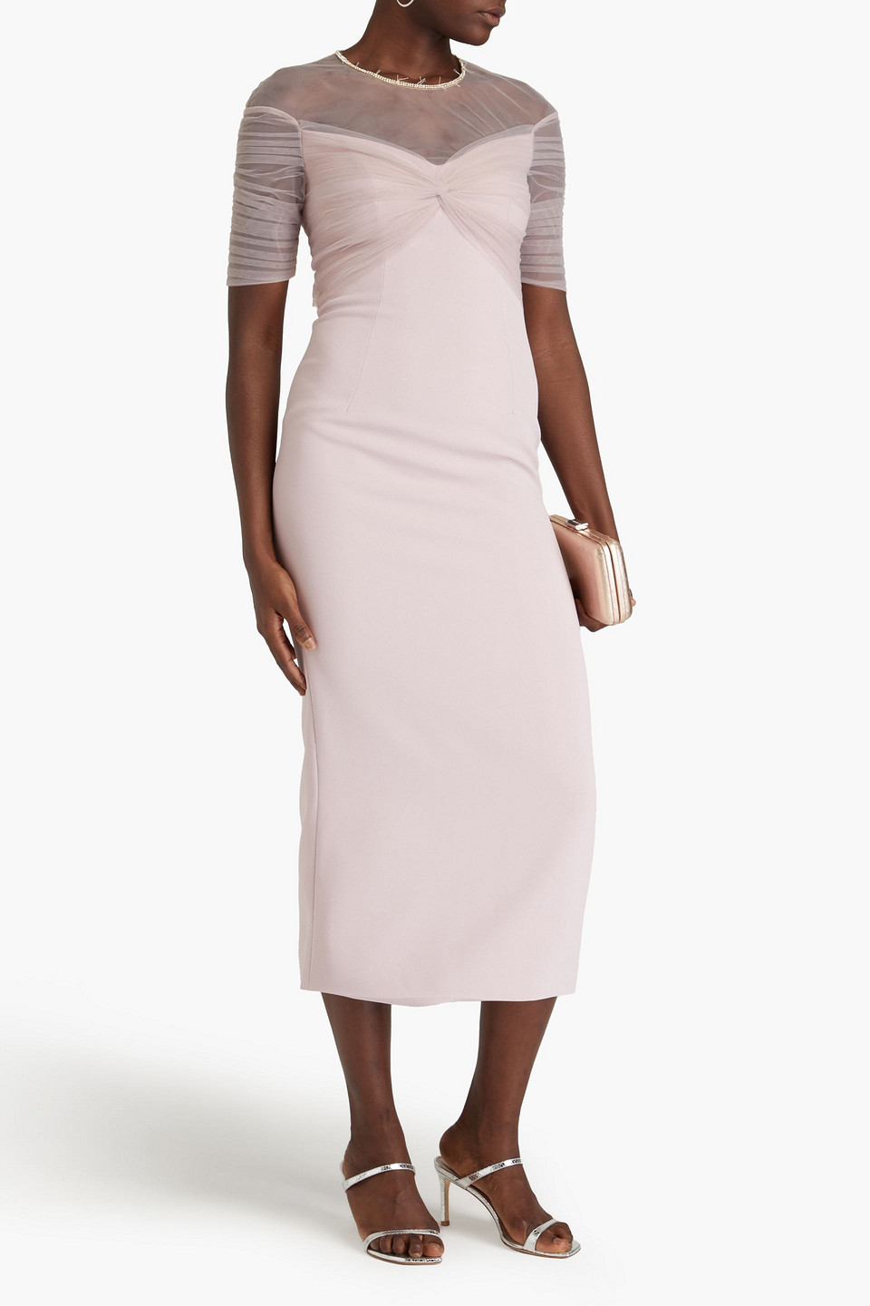 Shop Jenny Packham Crystal-embellished Tulle-paneled Crepe Midi Dress In Pastel Pink