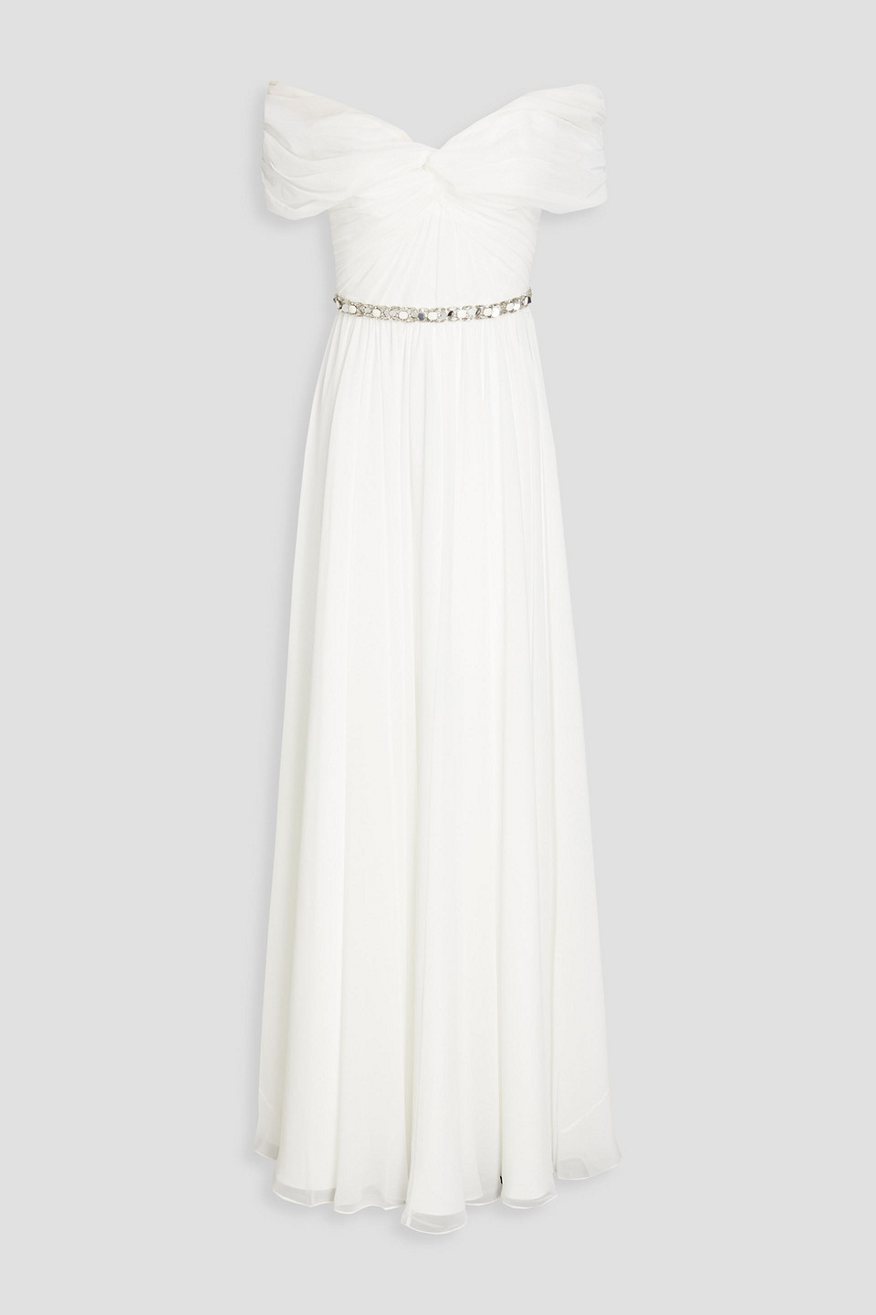 Jenny Packham Off-the-shoulder Embellished Draped Chiffon Bridal Gown In White