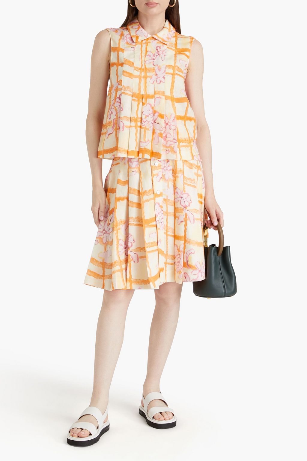 MARNI Pleated printed ramie midi skirt