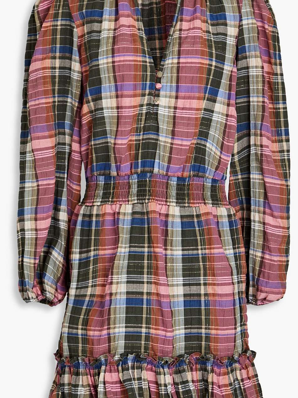 destiny ruffled metallic checked cotton-blend mini dress