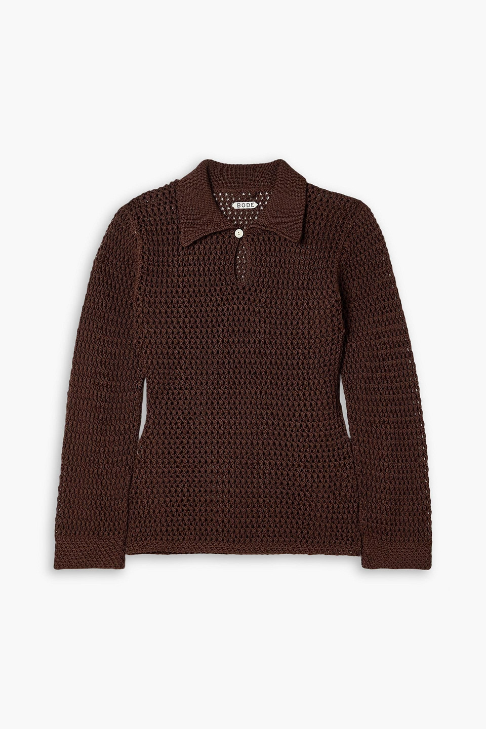 Bode Willows Crocheted Cotton Polo Sweater In Brown