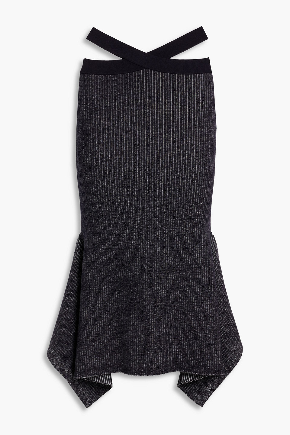 3.1 Phillip Lim Godet Asymmetric Ribbed Wool-blend Midi Skirt In Midnight Blue