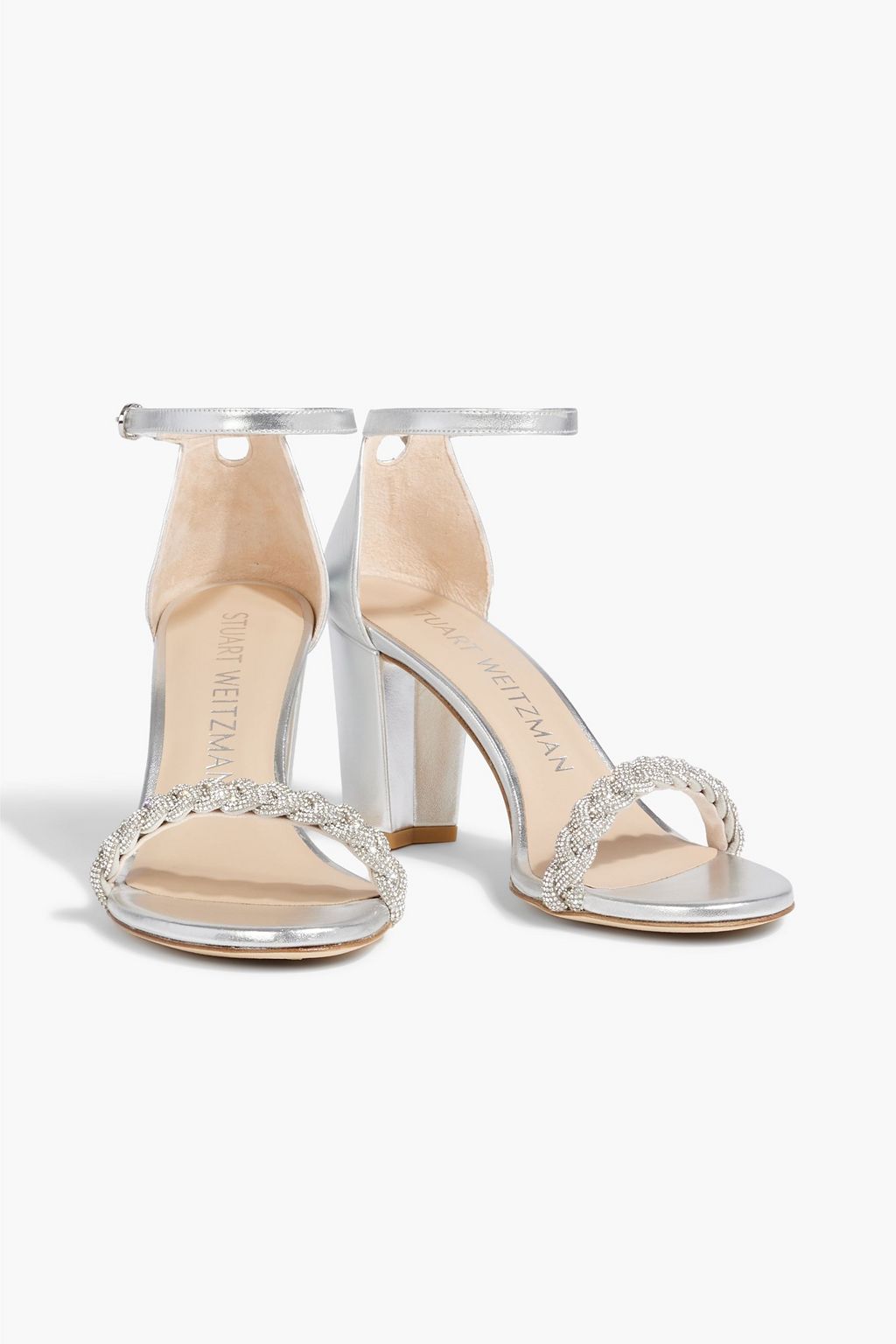 STUART WEITZMAN Crystal-embellished metallic leather and suede sandals