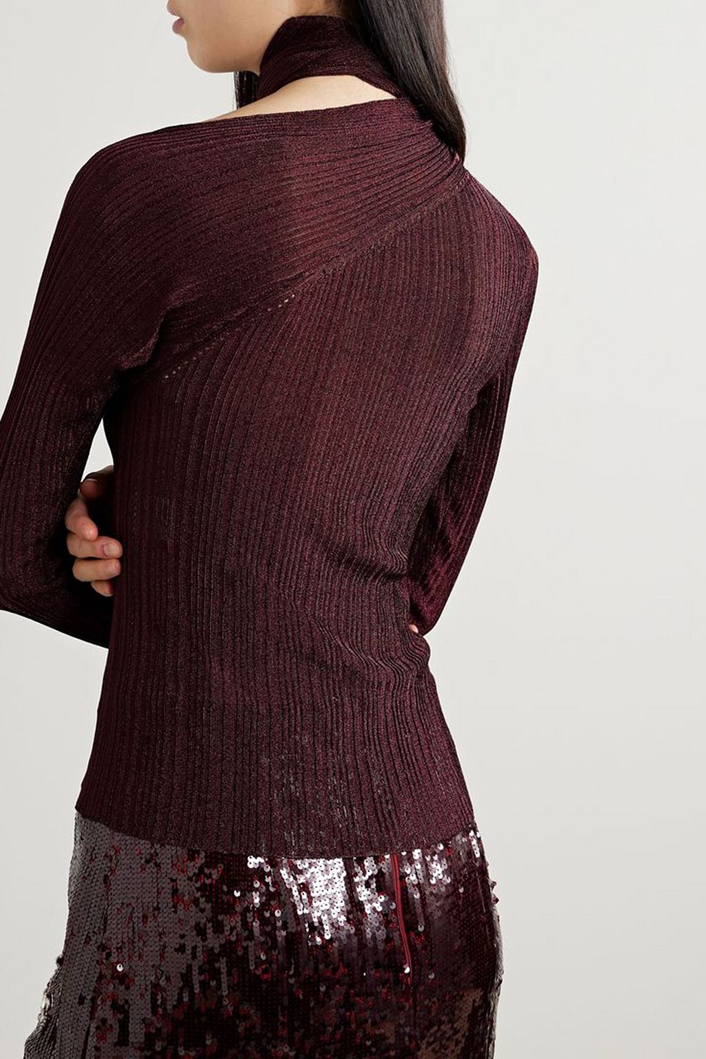 RABANNE Tie-detailed metallic plissé-knit sweater