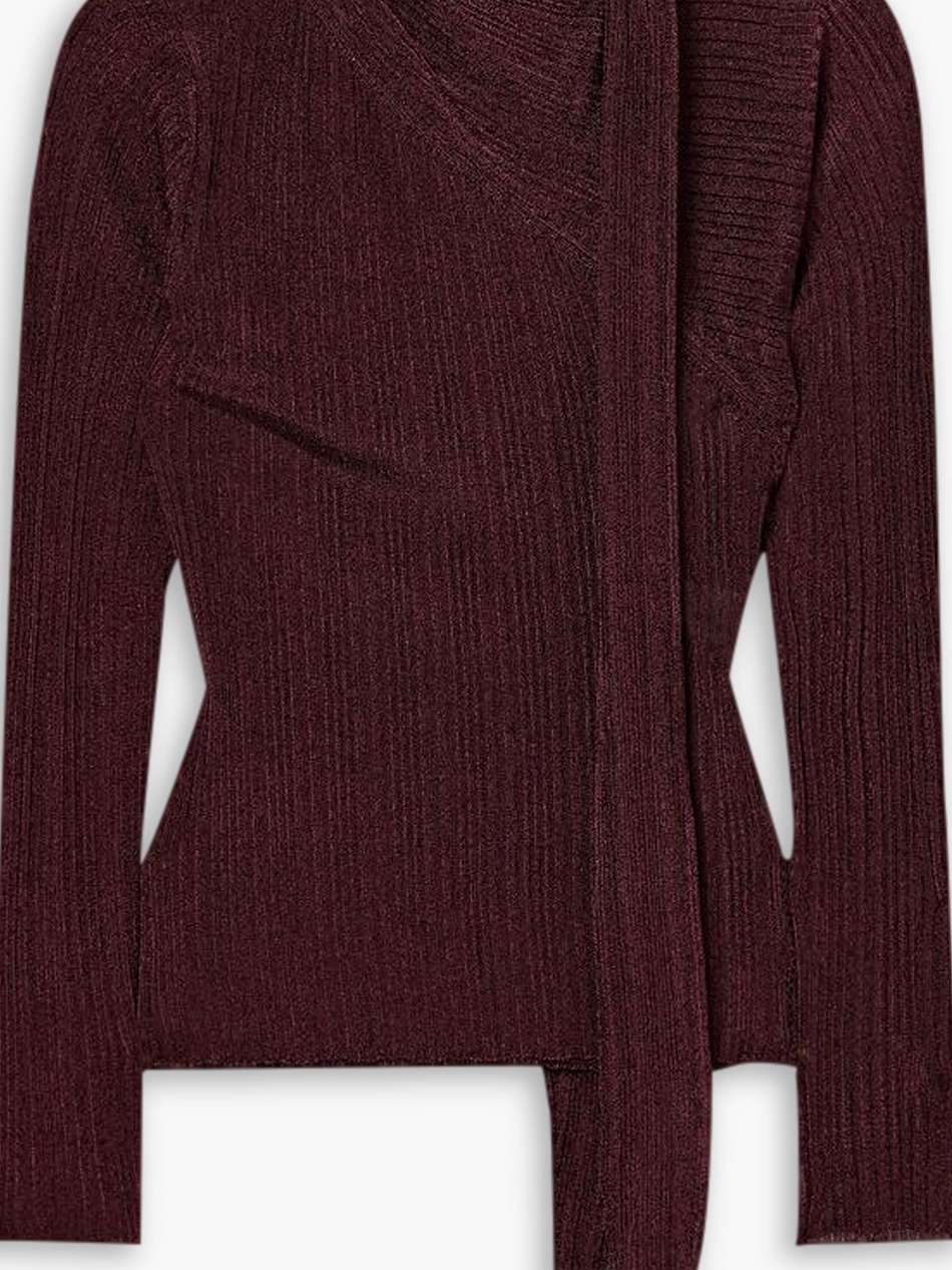tie-detailed metallic plissé-knit sweater