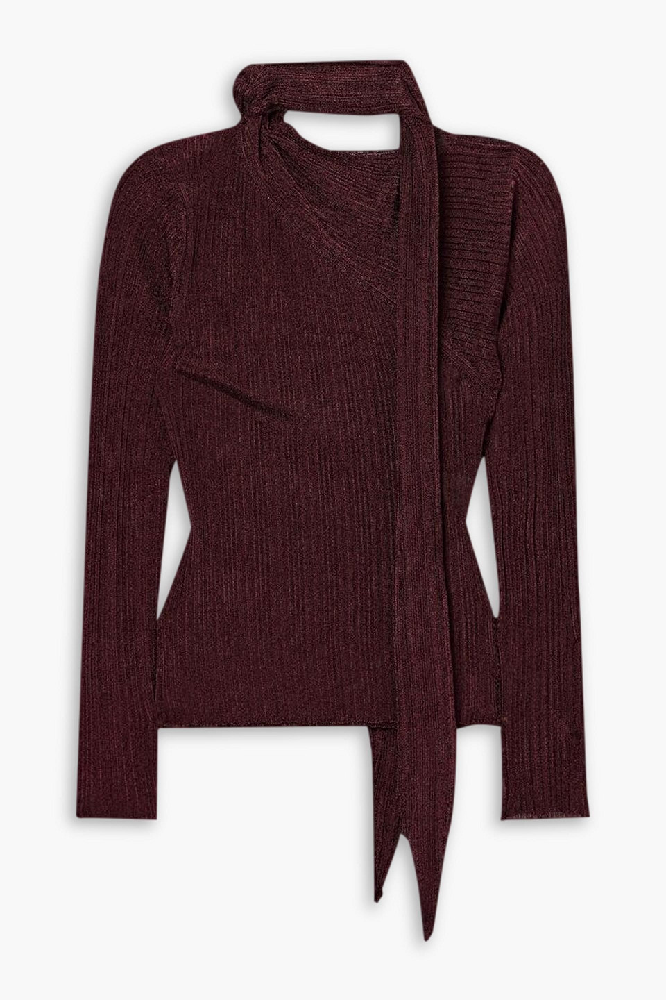 Rabanne Tie-detailed Metallic Plissé-knit Sweater In Burgundy