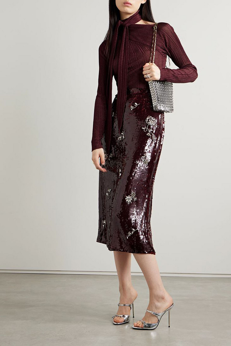 RABANNE TIE-DETAILED METALLIC PLISSÉ-KNIT SWEATER