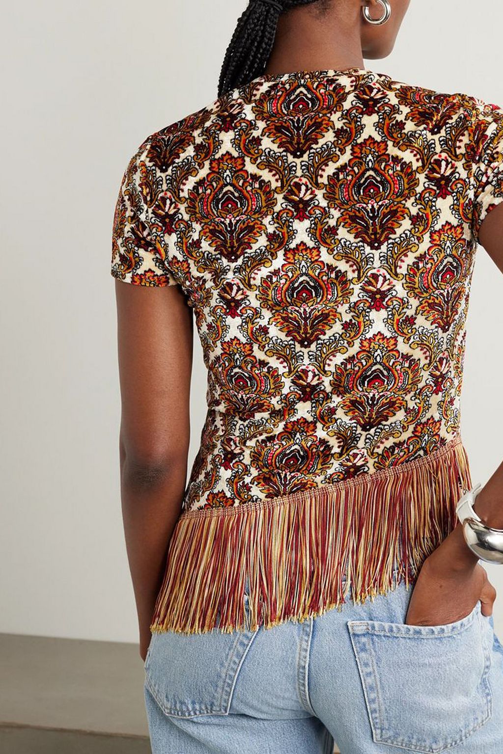 RABANNE Asymmetric fringed paisley-print velvet top