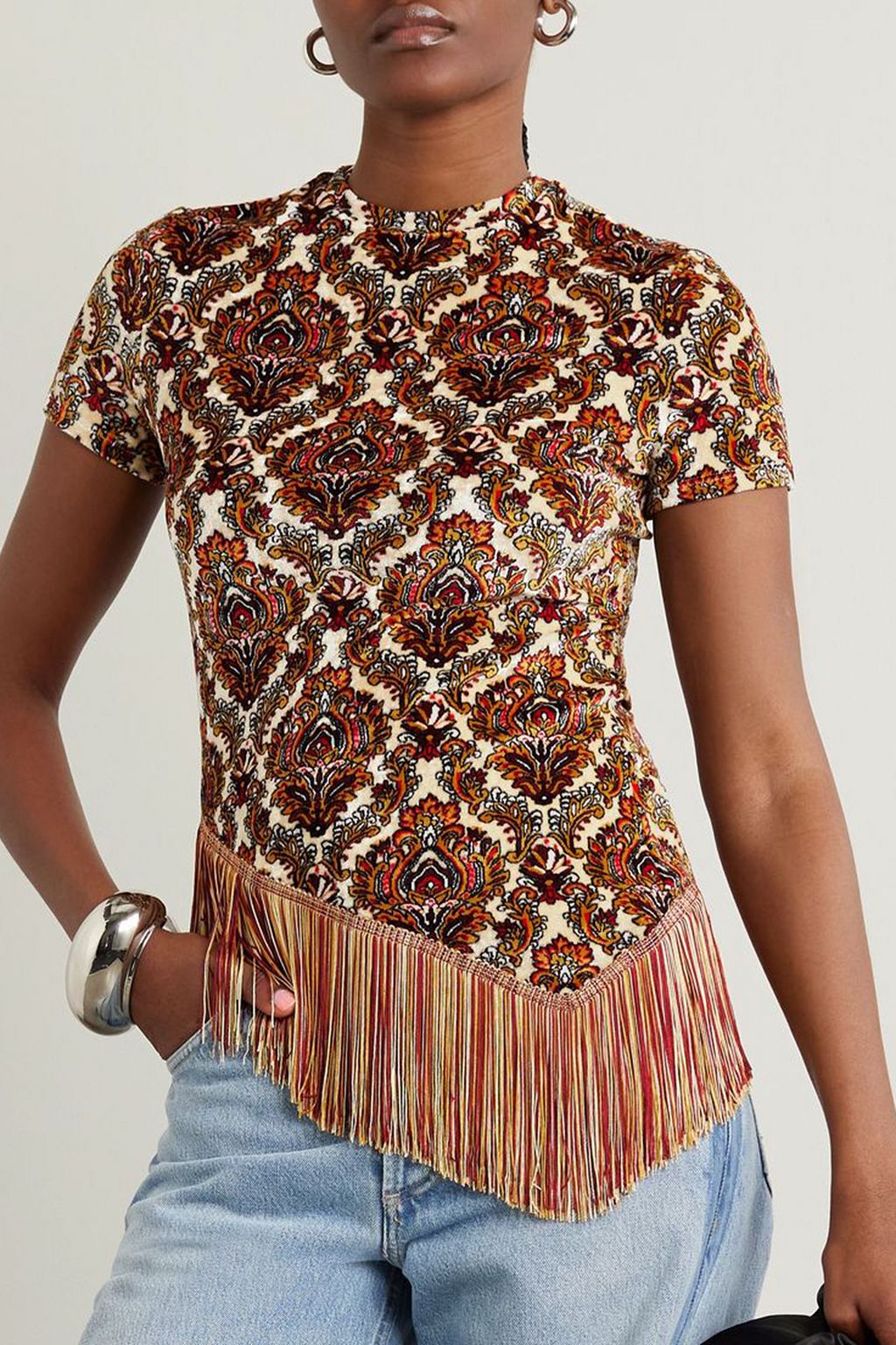 RABANNE Asymmetric fringed paisley-print velvet top
