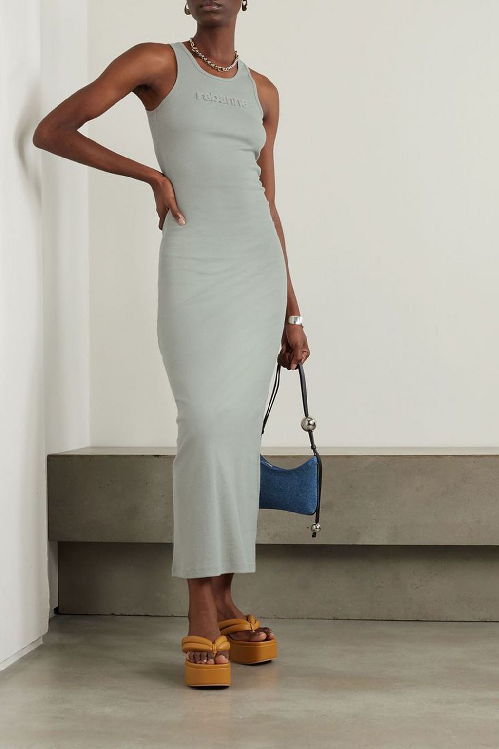RABANNE Flocked ribbed cotton-blend jersey maxi dress
