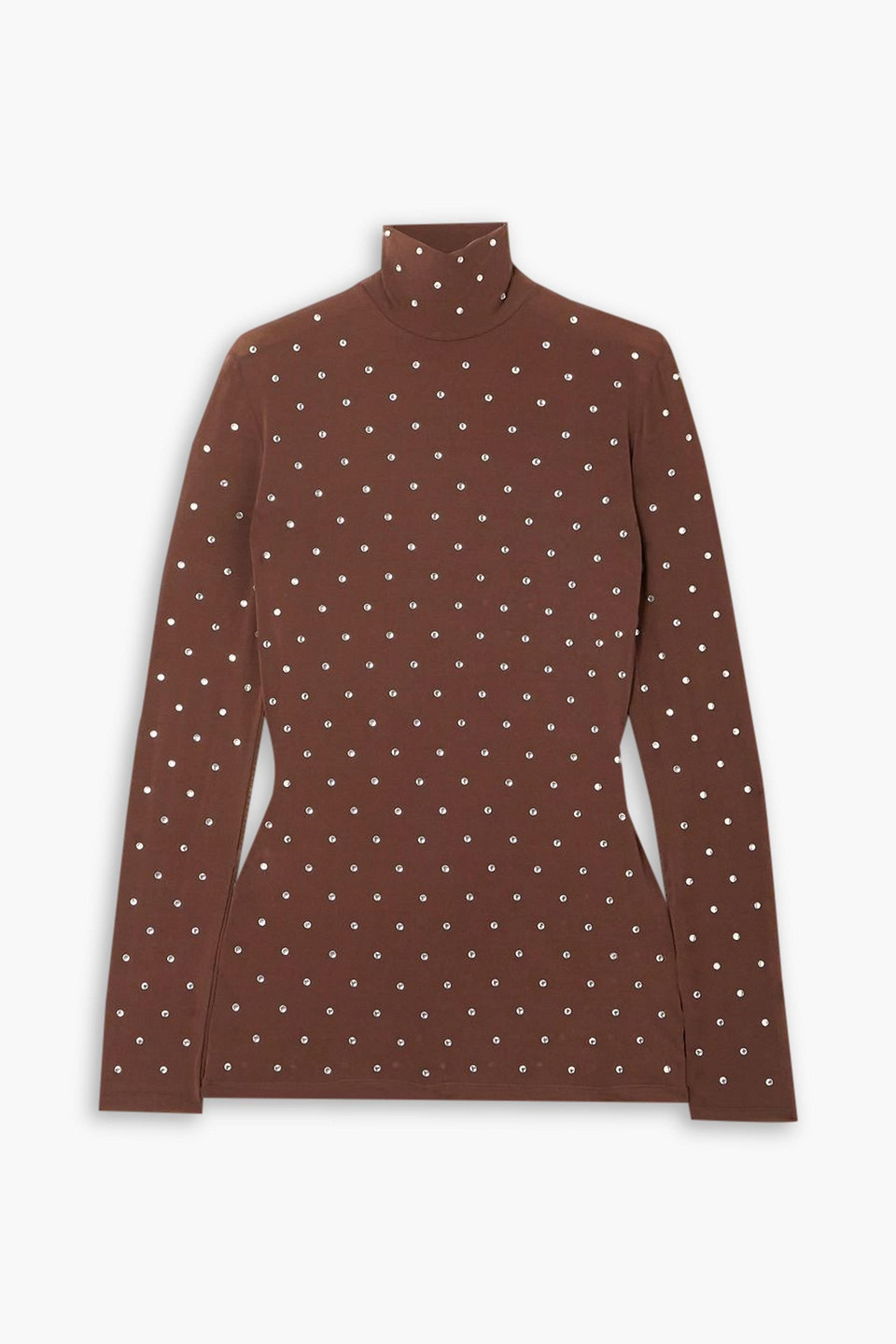 Rabanne Haut Crystal-embellished Stretch-jersey Turtleneck Top In Brown