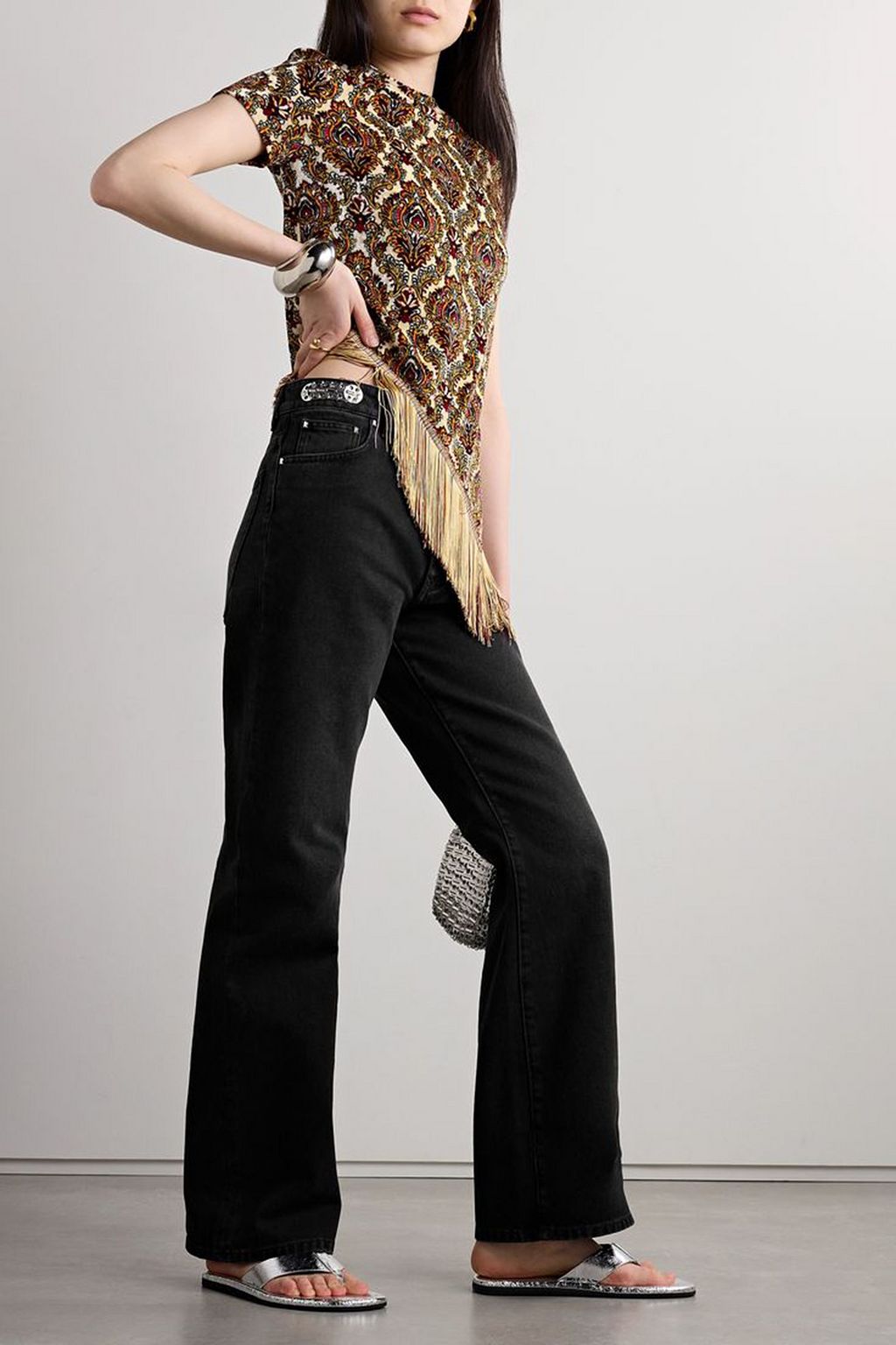 RABANNE Chainmail-embellished high-rise straight-leg jeans